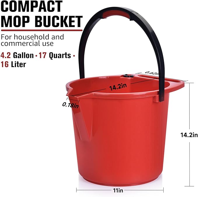 Matthew Cleaning 4.2 Gallon Mop Bucket, Heavy Duty Plastic Cleaning Bucket with Built-in Pour Spout, Mop Holder and Comfort Grip Handle, House and Commercial Cleaning Supplies, 1 Pack Red
