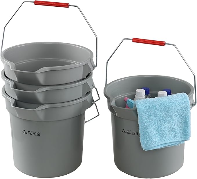 14 Quart Plastic Round Cleaning Pail, 3.5 Gallon Bucket with Built-in Spout and Handle, Gray, 4 Packs