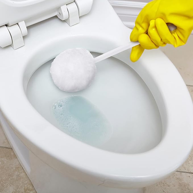 Eaasty 12 Pack Toilet Bowl Brush with Long Plastic Handle Disposable White Soft Swab Toilet Bowl Cleaners Mop with Silk Cotton Brush for Bathroom, 11 x 4.3 Inch