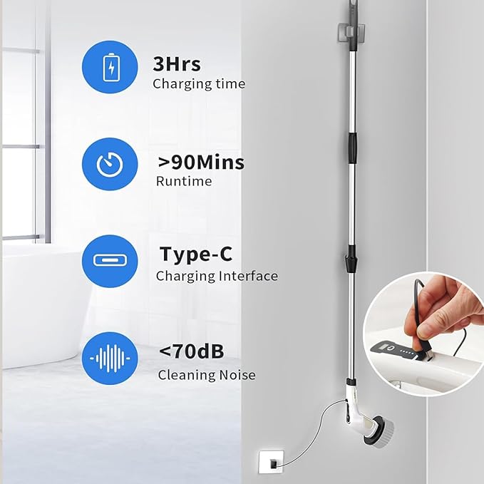 Electric Cleaning Brush Spin Scrubber, Cordless Cleaning Brush with 7 Replaceable Brush Heads. 2 Speeds Power Scrubber Brush for Floor,Kitchen, Bathroom, Tub, Floor, Tile,Adjustable Long Handle
