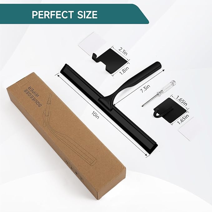 2 Pack All-Purpose Stainless Steel Shower Squeegee with 2 Adhesive Hooks, for Shower Doors, Bathroom, Window, Mirror, Glass, Tile Wall, Car Windshield Cleaning Tool, 10 Inch, (Black)