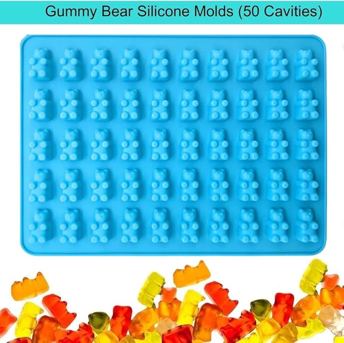 2 Piece Gummy Bear Silicone Molds, Non-Stick Chocolate Candy Mold with 2 Droppers Food Grade (Purple+Blue+Pink+Green)