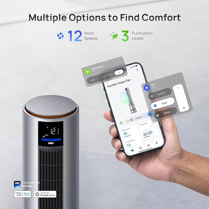 Dreo Air Purifier Tower Fan, 45" 2-in-1 Smart Fan for Bedroom, 27ft/s Velocity, 120°Oscillation, 24H Timer Bladeless Fans for Home, 25dB Low Noise, Standing Fan Works with Alexa, MC710S, Silver Orange