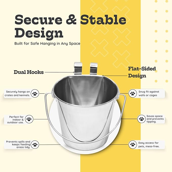 9 Quart Stainless Steel Flat Sided Bucket with Dual Hooks | Food & Water Bowl for XL Dog Goat Sheep Cattle Horse & Livestock | Fits kennel Crate Cages Farm Hanging Pet Pail | Multipurpose