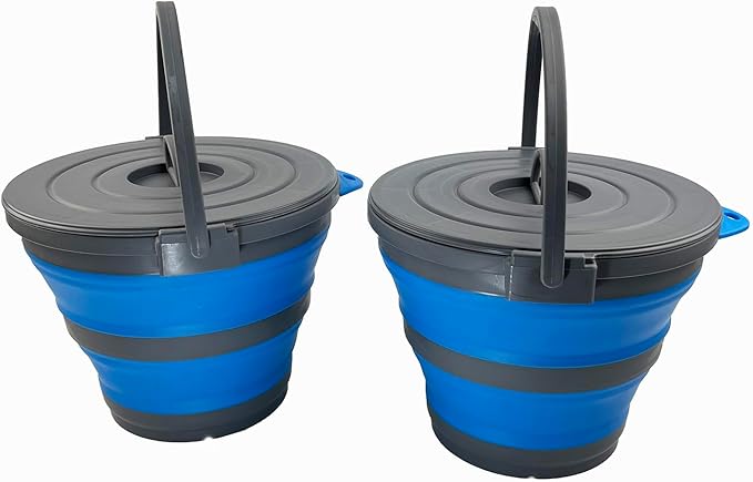 SAMMART Set of 2-10L (2.64Gallon) Collapsible Fishing Bucket Locking Lid, 31cm Dia. (2, Grey/Blue)