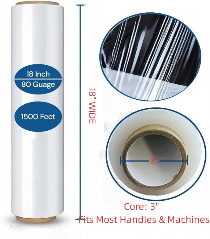 Industrial Stretch Wrap Roll– 18" x 1500 Ft, 80 Gauge Clear Stretch Film Pallet Shrink Wrap for Moving, Packing, Shipping, Storage & Furniture Protection（4 Rolls)