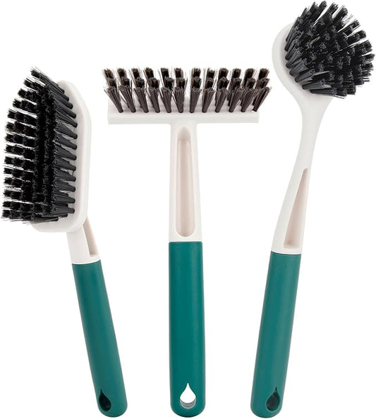Xicennego 3 Pack Kitchen Cleaning Brush Set,1 Pot and Dish Cleaning Brush with Long Handle,1 Kitchen and Bathroom Brush with Scraper Strip, 1 Hard-Bristled Brush for Sink, Countertops, Tiles（Green