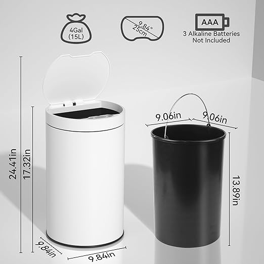 kaylowe Motion Sensor Bathroom Trash Can with Lid 4 Gallon Stainless Steel Garbage Cans Automatic Touchless Garbage Bin for Kitchen, Bedroom, Office, Living Room, White
