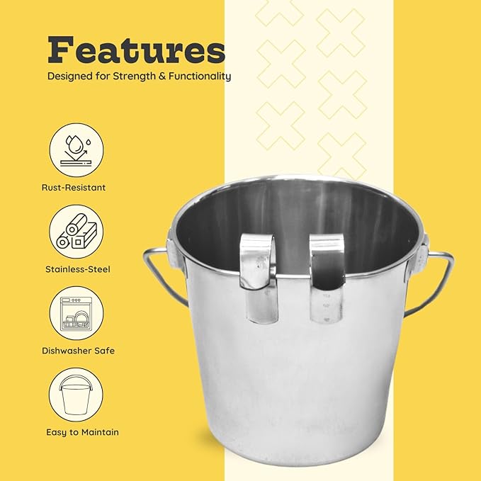 4 Quart Stainless Steel Flat Sided Bucket with Dual Hooks | Durable Food & Water Bowl for Dogs, Cats, Goat & Livestock | Fits kennel Cage Critter Crate Hanging Pet Pail | Multipurpose use