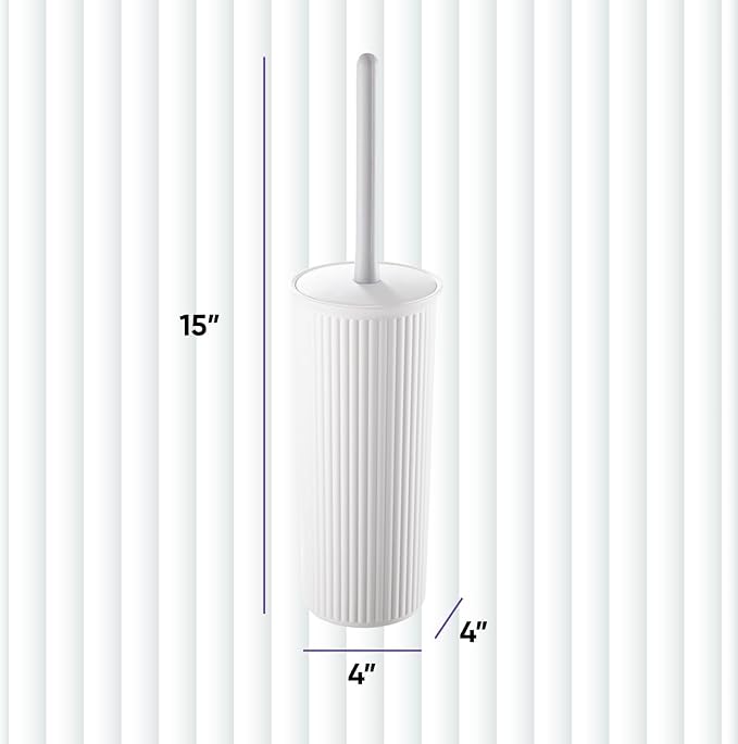 Decorative Plastic Toilet Bowl Brush and Holder Set, White (1 Pack) Cleaner Scrubber for Bathroom - Ribbed Design