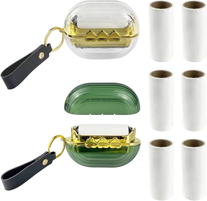 2 Pack Travel Portable Lint Roller Set,Pet Lint Roller Extra Sticky Comes with 6 Rolls of Replacement Rollers,Double-Sided Lint Remover for Garment Bag Dust Lint(Grey Green)