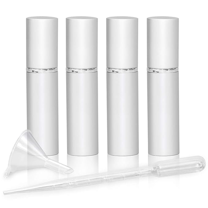 L'AUTRE PEAU Refillable Perfume & Cologne Fine Mist Atomizers with Metallic Exterior & Glass Interior - Portable Travel Size - 3ml Squeeze Transfer Pipette Included - 4 Pc Pack of 5ml (Silver)