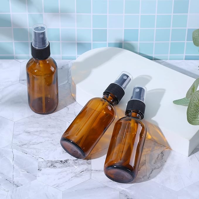 2oz Glass Spray Bottles,Empty Small Perfume Travel Refillable Reusable Fine Mister Spray Bottle for Hair,Cleaning Solutions,Aromatherapy and Essential Oil with Extra Nozzle (3 pack, Amber)