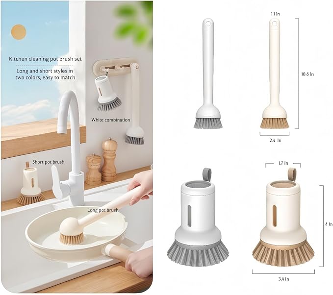 Adjustable Dish Brush with Soap Dispenser, Non-Scratch PET Bristles, Ergonomic Handle, Kitchen Cleaning Tool for Pots, Pans & Sink (Yellow, Combination Style (1 Long + 1 Short))