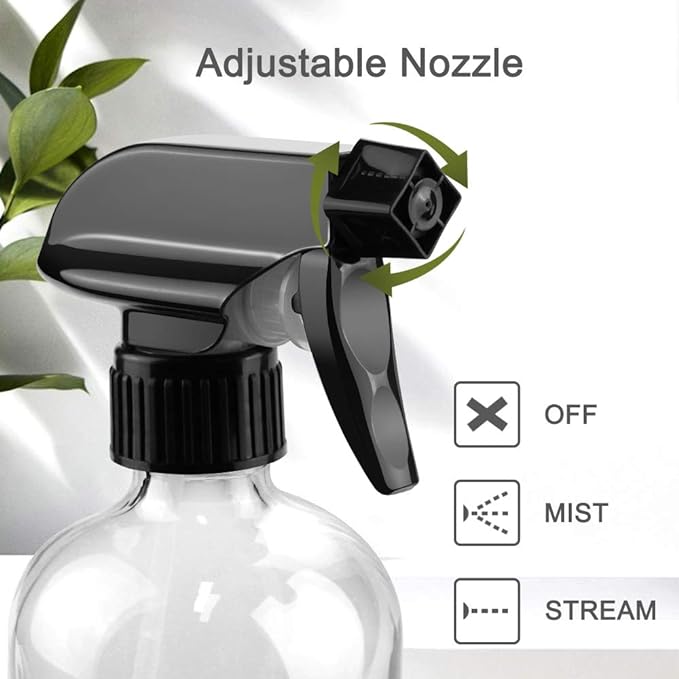 Glass Spray Bottles, 16oz Clear Glass Spray Bottles with Labels & Adjustable Nozzle, Reusable Containers for Cleaning Solutions, BBQ, Food, Plants, Alcohol, Essential Oils(2 Pack)
