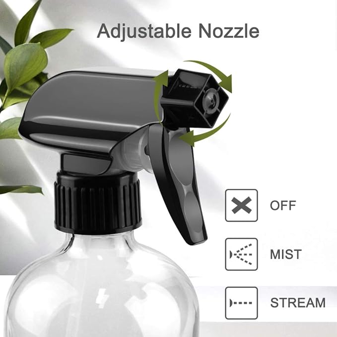Glass Spray Bottles, 16oz Refillable Containers, Empty Boston Round Bottles with Labels & Adjustable Nozzle for Cleaning, Gardening, Aromatherapy, Pets, Plant, Hair -Clear (1 Pack)
