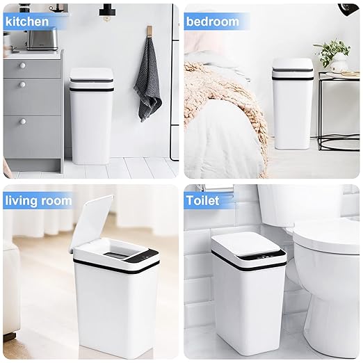 Bathroom Trash Cans with Lid 2 Pack Touchless Automatic Motion Sensor 2.2 Gal & 4 Gal Small Garbage Can, Smart Electric Narrow Garbage Bin for Bedroom Office Kitchen (White)