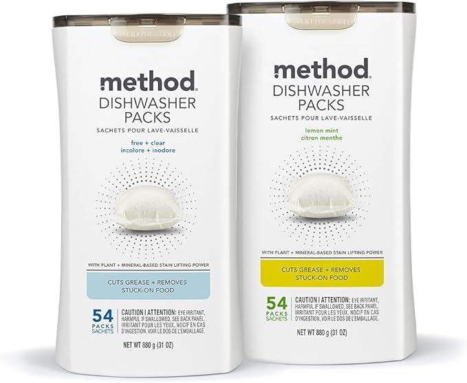 Method Dishwasher Detergent Packs, Lemon Mint, Dishwashing Rinse Aid to Lift Tough Grease and Stains, 54 Dishwasher Tabs per Package, (Pack of 2)