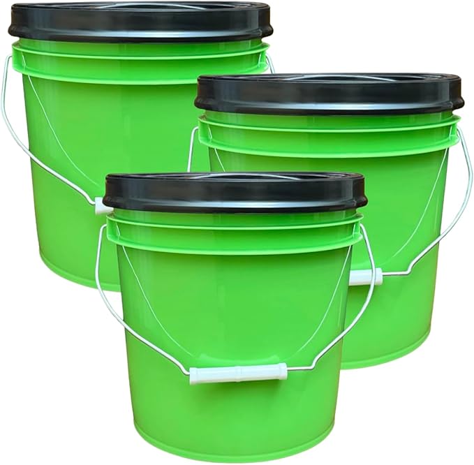 House Naturals 2 Gallon Food Grade - BPA Free Made in USA Buckets Lime Color pails with Screw On Gasket Lids (3, Lime - Black lids)