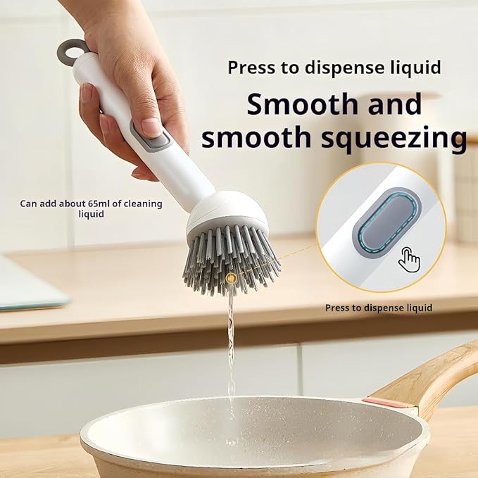 Adjustable Dish Brush with Soap Dispenser, Non-Scratch PET Bristles, Ergonomic Handle, Kitchen Cleaning Tool for Pots, Pans & Sink (Yellow, Long-1 Piece)