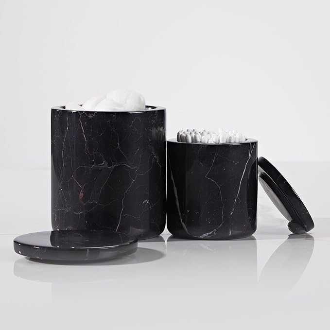 Black Marble Canister with Lid, Natural Marble Bathroom Qtip Holder Storage, 3.75 Inch Dia x 4.5 Inch Ht High Capacity Damp Proof Container for Cotton Swabs, Jewery, Bathroom Bath Salt