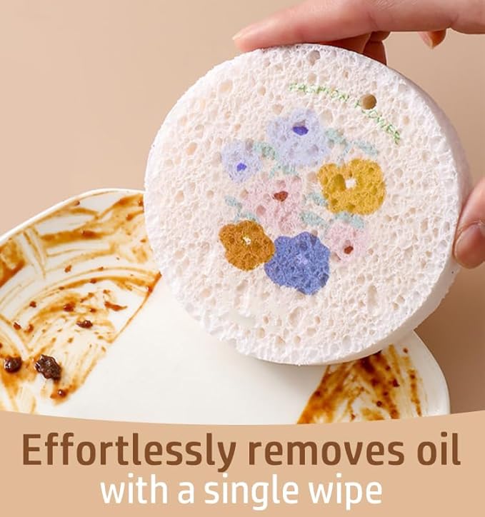 Flower-Shaped Wood Pulp Sponge Scrubber, sponges Kitchen– Dual-Sided Natural Dish Sponge,sponges for Dishes, Eco-Friendly, Quick-Drying, Gentle on Non-Stick Pans (9.3×1.8cm) (12pcs)