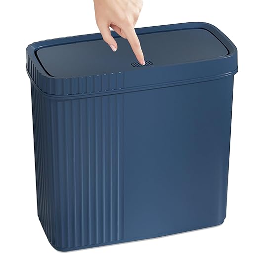 UUJOLY Small Bathroom Trash Can with Lid Slim Wastebasket Garbage Can Plastic Container Basket Trash Bin for Kitchen, Laundry Room, Office, Kids Room, Dorm, Navy Blue, 3.2 Gallon