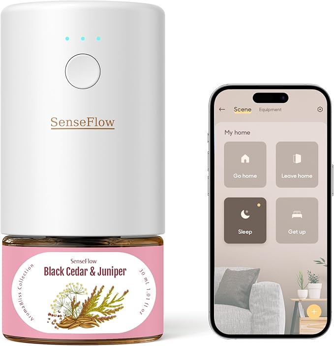 SF101S Smart Wi-Fi Waterless Ultrasonic Essential Oil Diffuser–100% Plant-Based,120-Day Natural Air Freshener & Aromatherapy Scent Diffuser Covers 100㎡ for Home,Hotel-Black Cedar & Juniper