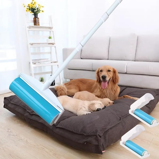 Large Reusable Lint Rollers, Washable Lint Roller 8 inches Cat Dog Pet Hair Remover with 3 Extendable Handle,Long Handle Sticky Lint Remover Brush Set for Cleaning Couch, Carpet, Floor, Sofa