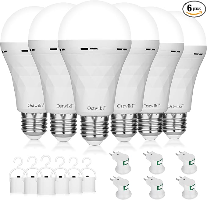 Emergency Rechargeable Light Bulbs,6 Pack Battery Operated Backup Light Bulb for Power Outage Camping Outdoor Hurricane 9W E27 8500K 1200mAh White Equivalent Self-Charging LED Light Bulbs