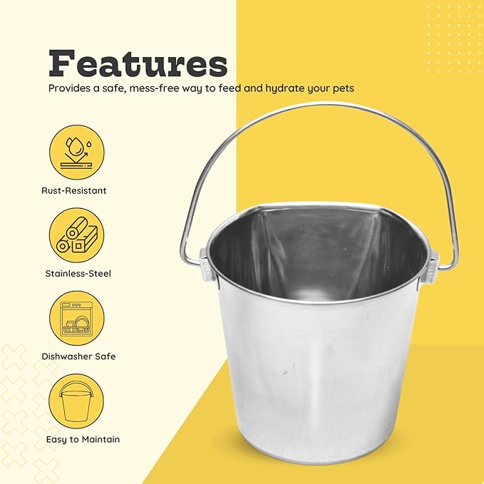 2 Quart Stainless Steel Flat Side Bucket | Durable Heavy Duty Food & Water Feeding Pails for Small Pet Birds Dog Cat | Fits kennels Cages Critter Crates Hanging Pail | Multipurpose Bucket