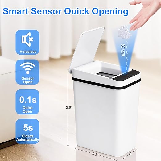 Bathroom Trash Cans with Lid 2 Pack 2.2 Gallon Touchless Automatic Motion Sensor Small Slim Garbage Can, Smart Electric Narrow Garbage Bin for Bedroom Office Kitchen (White)