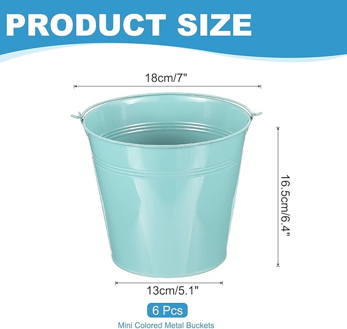 PATIKIL 7"x6.4" Small Metal Buckets with Handle, 6 Pcs Mini Galvanized Bucket Colorful Easter Buckets for Crafts Party Favors Decoration, Light Blue