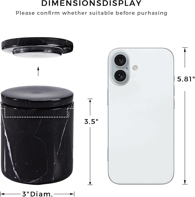 Black Natural Marble Storage Jar with Lid, 3 Inch Dia 3.5 Inch Ht Elegant Stone Canister, Damp-Proof Cosmetic Container for Cotton Swabs, Jewery, Bathroom Bath Salt, Kitchen Jar for Sugar, Coffee