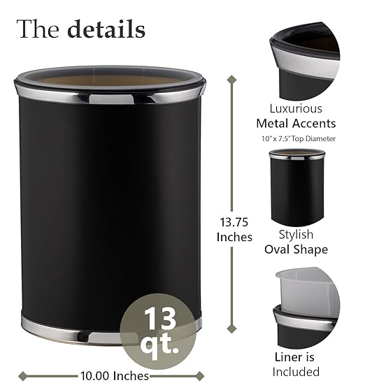 Kraftware Sophisticates Oval Wastebasket with Plastic Liner, Adding Classic Style to The Bathroom and All Other Rooms in The Home or Office, 13 Quart Capacity, Black with Brushed Chrome Trim