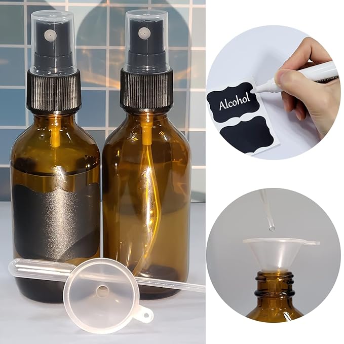 2oz Glass Spray Bottles,Empty Small Perfume Travel Refillable Reusable Fine Mister Spray Bottle for Hair,Cleaning Solutions,Aromatherapy and Essential Oil with Extra Nozzle (3 pack, Amber)