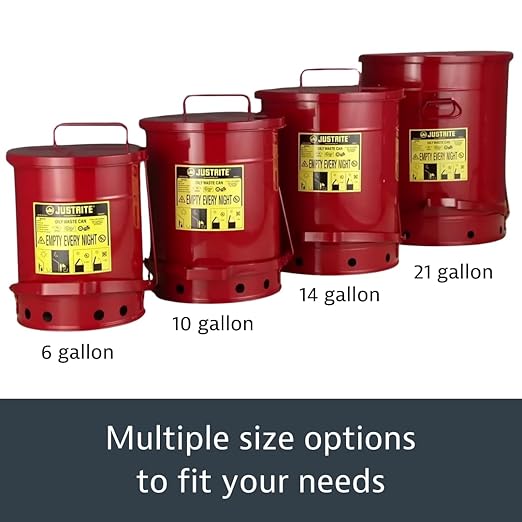 Justrite 6 Gallon Galvanized Steel Oily Waste Can, 16" x 12" Metal Oil Rag Safety Can with Quiet Foot-Operated Self-Closing Lid for Oil Rag Disposal, Made in The USA, Red, 09108