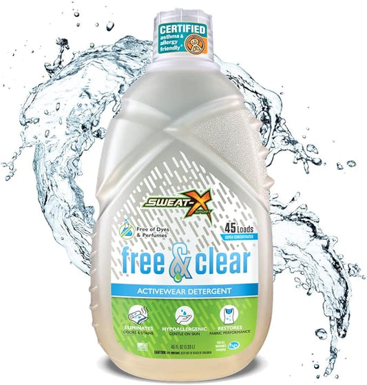 Sweat X Free & Clear Activewear Laundry Detergent – Certified Asthma & Allergy Friendly® – Hypoallergenic – Remove the Worst Odors & Toughest Stains – High-Performance Sports Wash – 45 Loads – 1 Pack