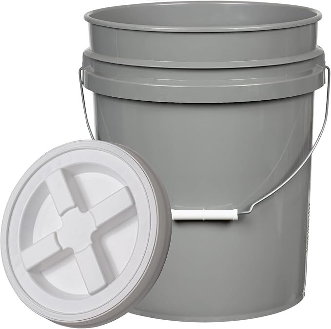 House Naturals 5 Gallon Food Grade BPA Free Made in USA Pails Gray Bucket with Screw On Air Tight Lid (1, Gray with White lids)