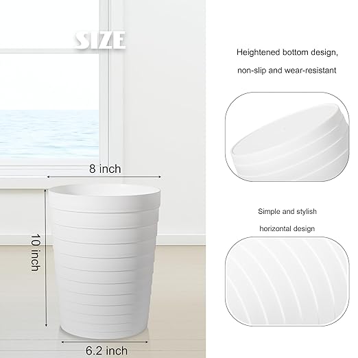 UUJOLY Small Bathroom Trash Can Wastebasket, Plastic Garbage Bin Container Basket for Bathrooms, Laundry Room, Kitchens, Offices, Kids Rooms, Dorms, White, 1.8 Gallon/2 Pack