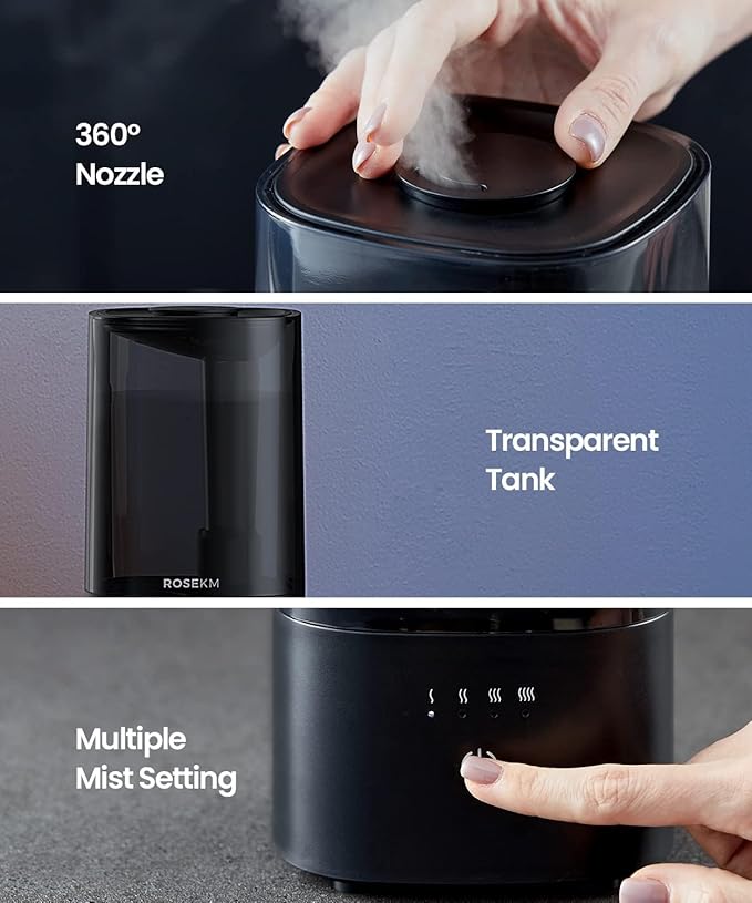 Humidifiers for Bedroom (1.1L), Small Cool Mist Humidifier for Home Plant and Baby Nursery, Quiet Ultrasonic Humidifier with 360° Nozzle, Auto Shut-Off, Filterless, Black
