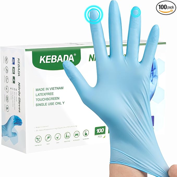 Kebada Nitrile Gloves D1, Nitrile Disposable Gloves for Cleaning, Food Prep, Industrial Grade, Non-Sterile, Food Safe, Powder & Latex Free, Touchscreen, Blue, 100 Count, Medium (Made in Vietnam)