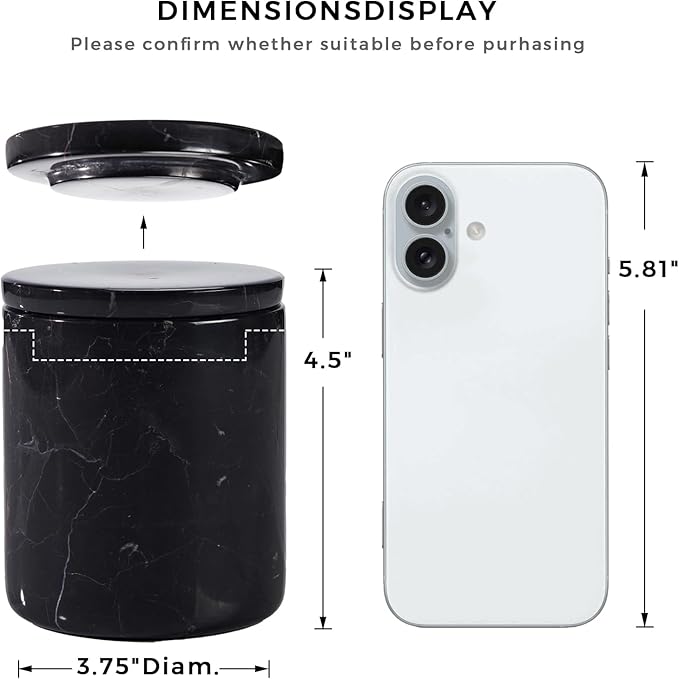 Black Marble Canister with Lid, Natural Marble Bathroom Qtip Holder Storage, 3.75 Inch Dia x 4.5 Inch Ht High Capacity Damp Proof Container for Cotton Swabs, Jewery, Bathroom Bath Salt