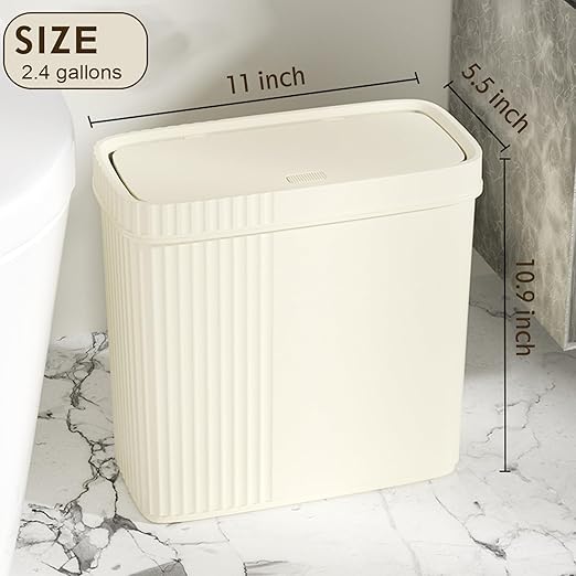 UUJOLY Small Bathroom Trash Can with Lid Slim Wastebasket Garbage Can Plastic Container Basket Trash Bin for Kitchen, Laundry Room, Office, Kids Room, Dorm, Beige, 2.4 Gallon, 2 Pack