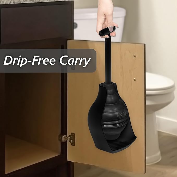 Korky BeehiveMAX Hideaway - Heavy Duty Toilet Plunger with Holder in Black - Drip Free Carry-Seals All Bowl Shapes – Powerful Clog Removal, 97-5B