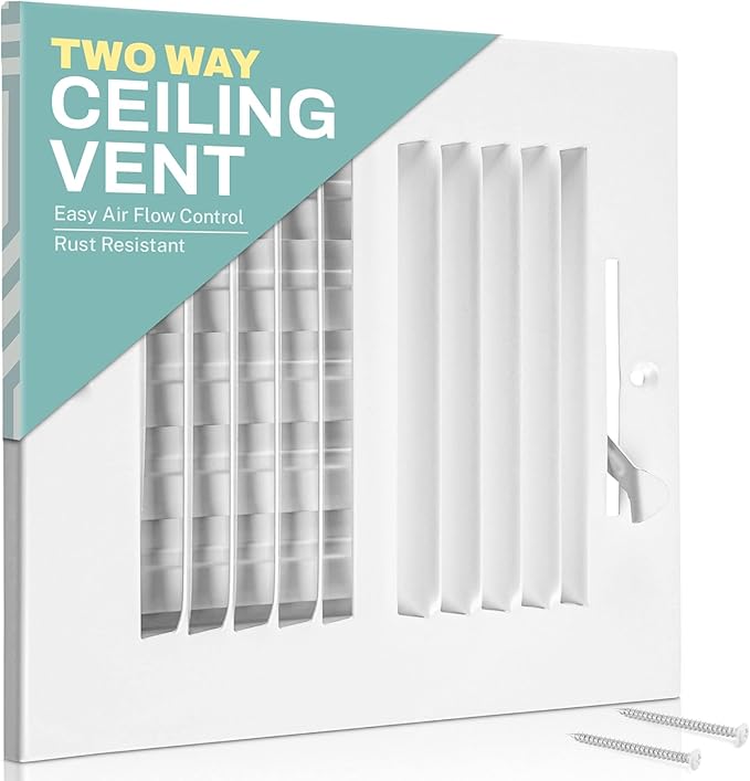 Ceiling Register - Air Vent Covers for Home Ceiling or Wall - 10X4 Inch (Duct Opening) 2-Way White Grille Register Cover with Adjustable Damper for HVAC Heat and Cold Air Conditioner