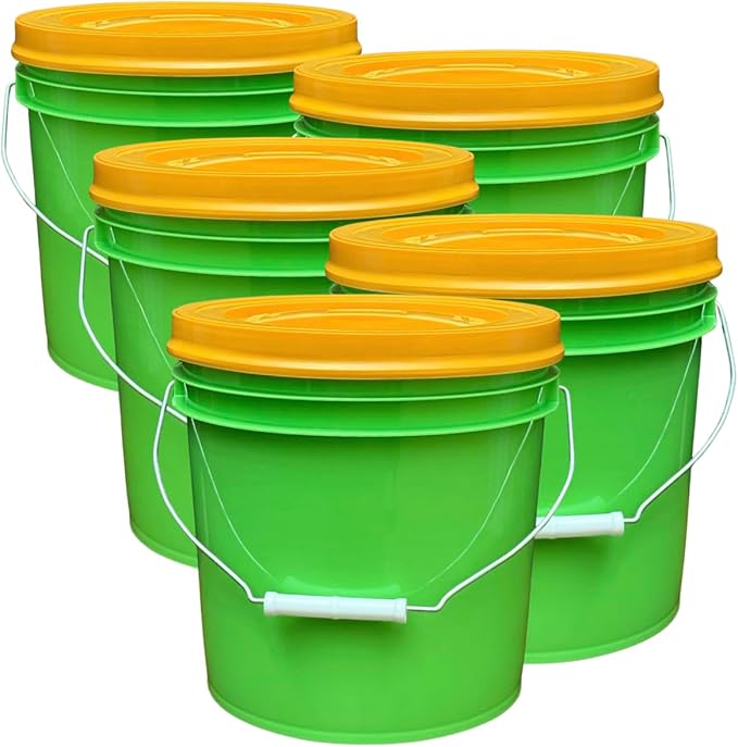 House Naturals 2 Gallon Food Grade - BPA Free Made in USA Buckets Lime Color pails with Screw On Gasket Lids (5, Lime - Orange lids)