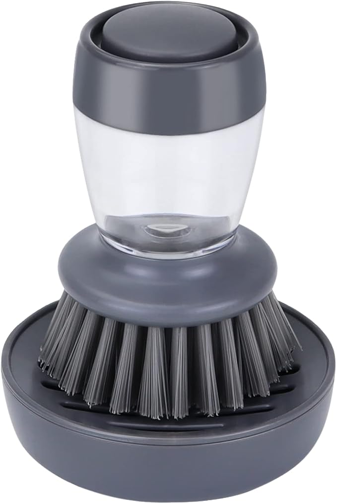 Dish Brush with Soap Dispenser, Kitchen Scrub Brush for Dishes Pots Pans Sink Cleaning, Dish Scrubber with Holder Set (Grey Handle & Nylon Bristles)