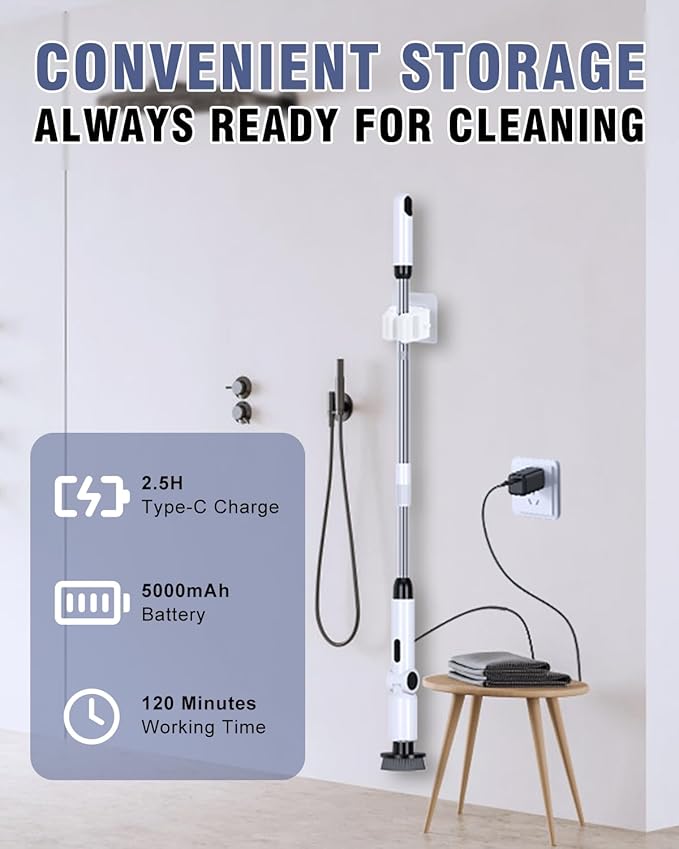 Electric Spin Scrubber, [IPX7 Waterproof ] [50KG Torque] Shower Scrubber with 9 Brush Heads, 2 Speed Mode, 4 Adjustable Angles, Electric Brush for Cleaning for Bathroom Floor Tile