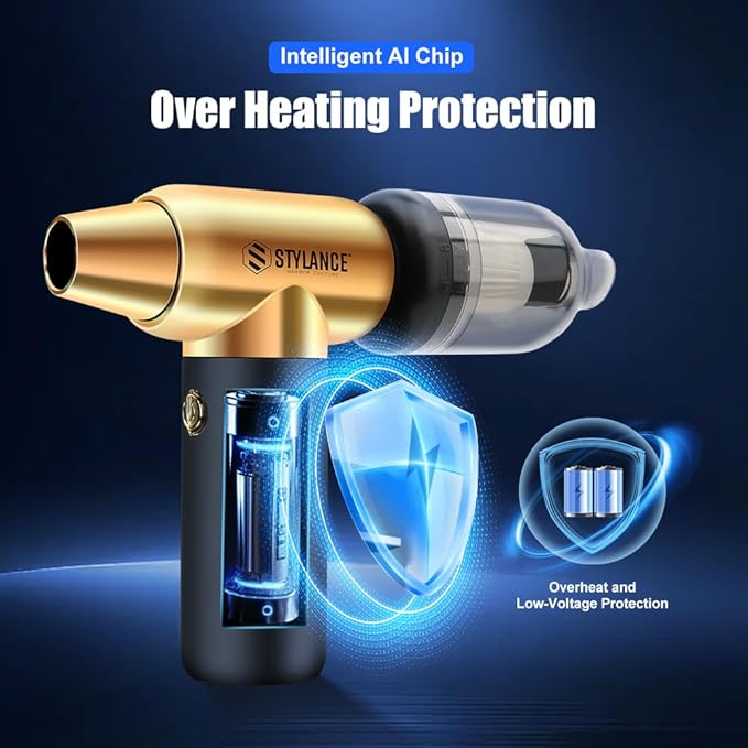 Compressed Air Duster - Barber Blower, Electric Duster, 3 Gear Mini Portable Jet Dry Air Blower, Cordless Vacuum Cleaner, for PC, Office,Salon, Fan, Laptop, Keyboard, Car (Gold)